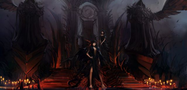 791306 anime girls black hair candles devil horns Red eyes soft shading tails